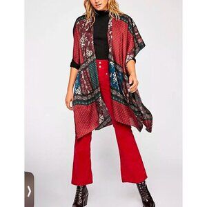 FREE PEOPLE Mon Cheri Silky Patchwork Kimono One Size Boho Red Teal NWOT